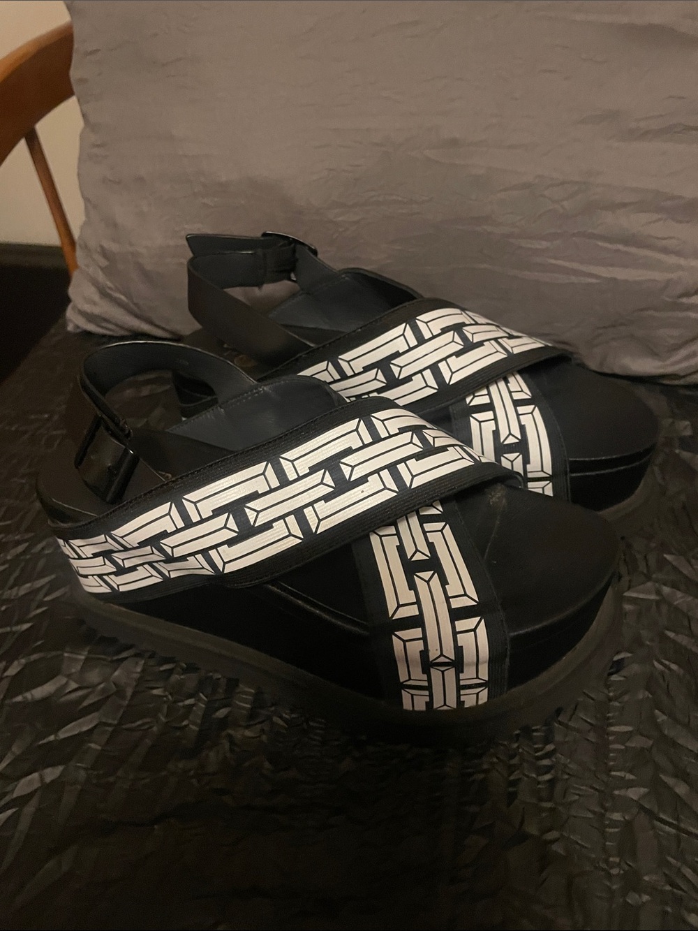 United Nude Black Platform Sandals with White Chain-Print Straps